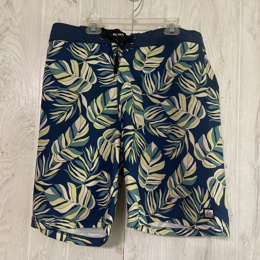 Reef Swim Trunk Tropical Leaf Shorts Men's 34 Polyester Navy Blue Multicolor